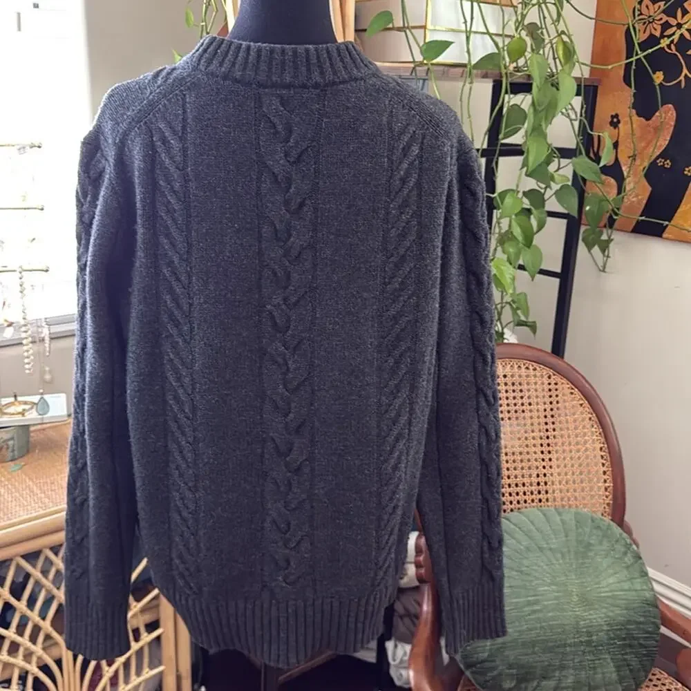 Banana Republic Men’s Charcoal Italian Wool Blend Fisherman Cable Knit Sweater